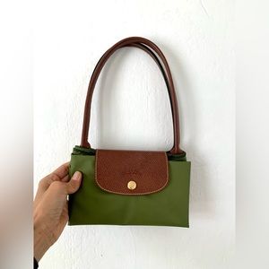 Vintage Longchamp Le Pliage Shoulder Tote - avocado green, brown leather